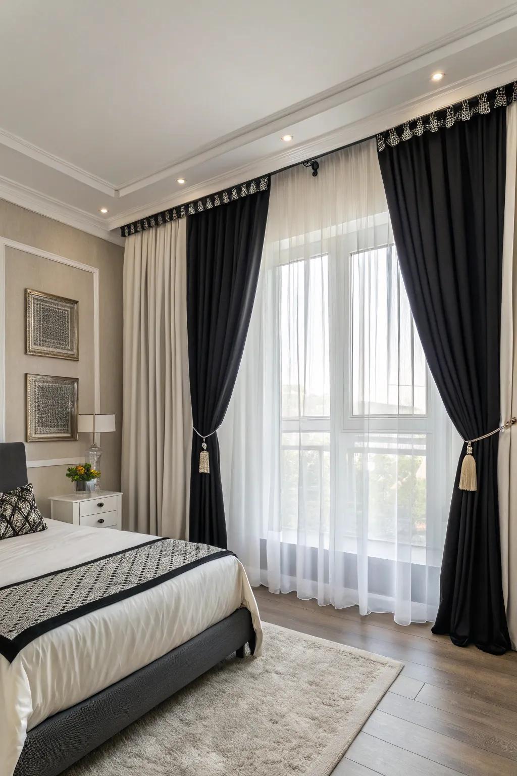 Window dressing completes the monochrome look.