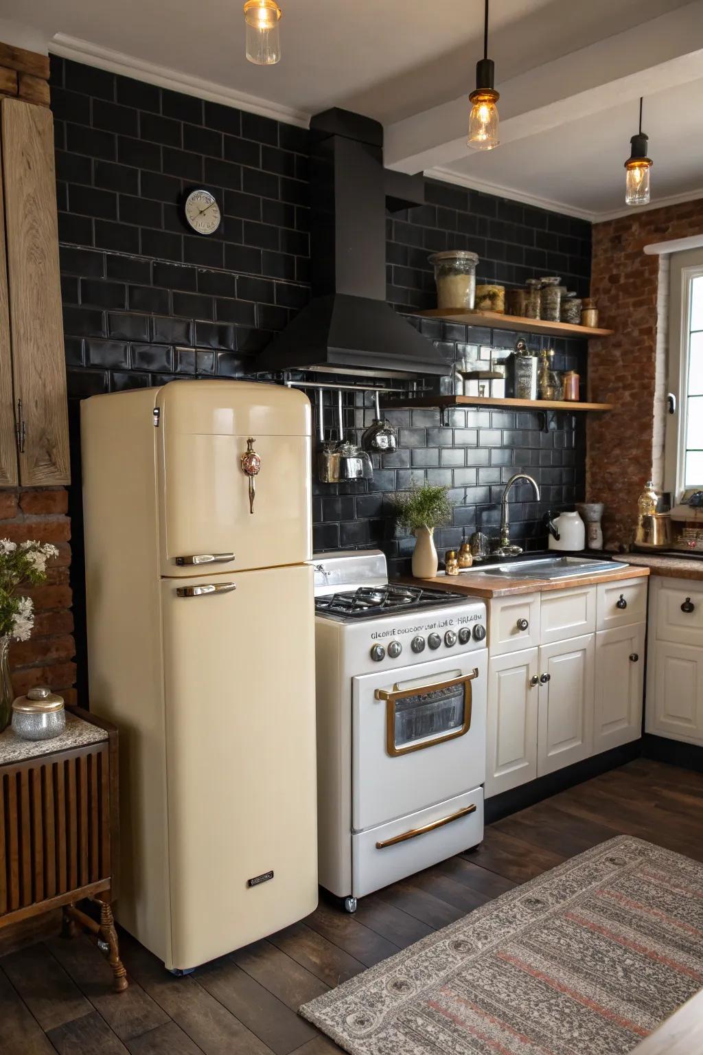 A past-inspired cooking space where a dark backsplash adds a modern twist.