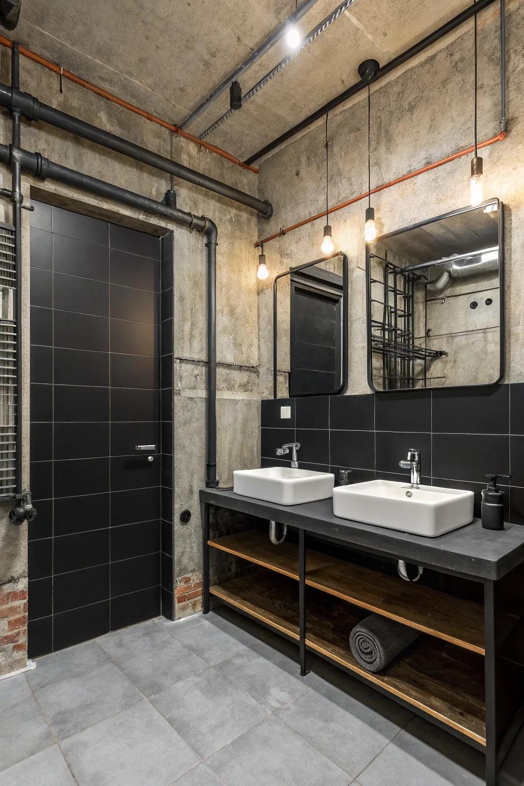 Concrete introduces an urban sophistication vibe to bathroom designs dominated by black.