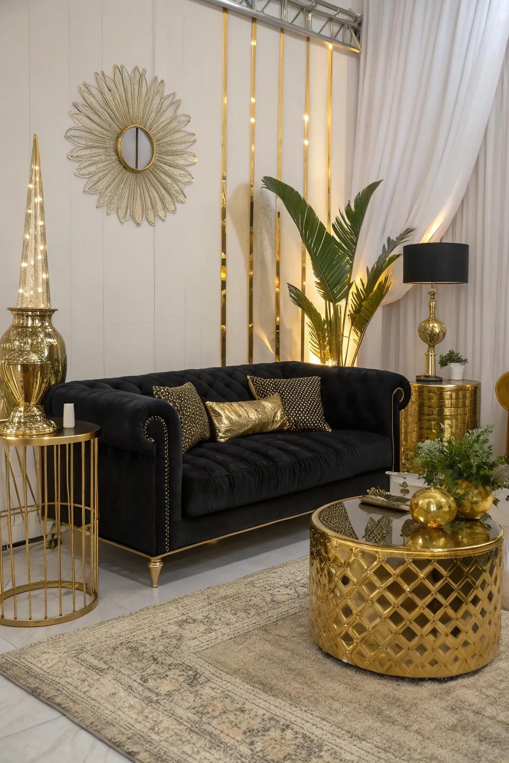 Glamorous gilded features highlight a dark sofa.