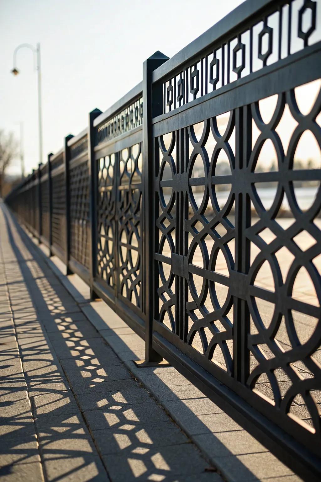 A dark fence with angular motifs introduces a contemporary artistic touch.