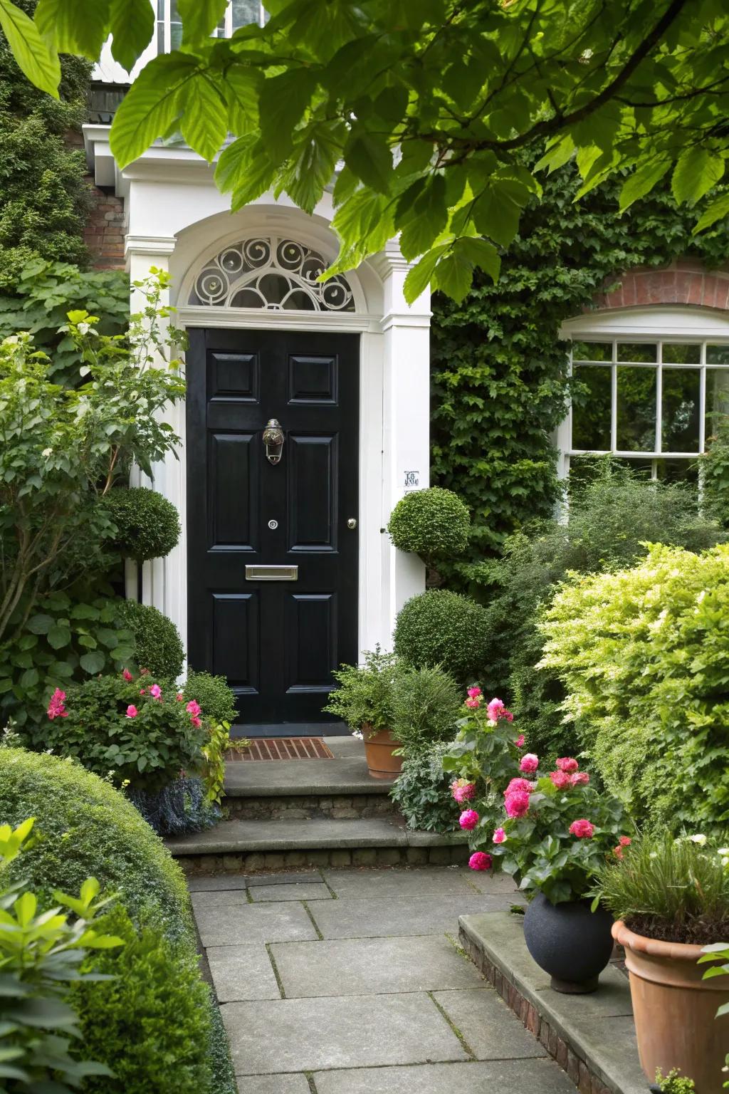 Abundant greenery softens the bold contrast of a black door with white trim.