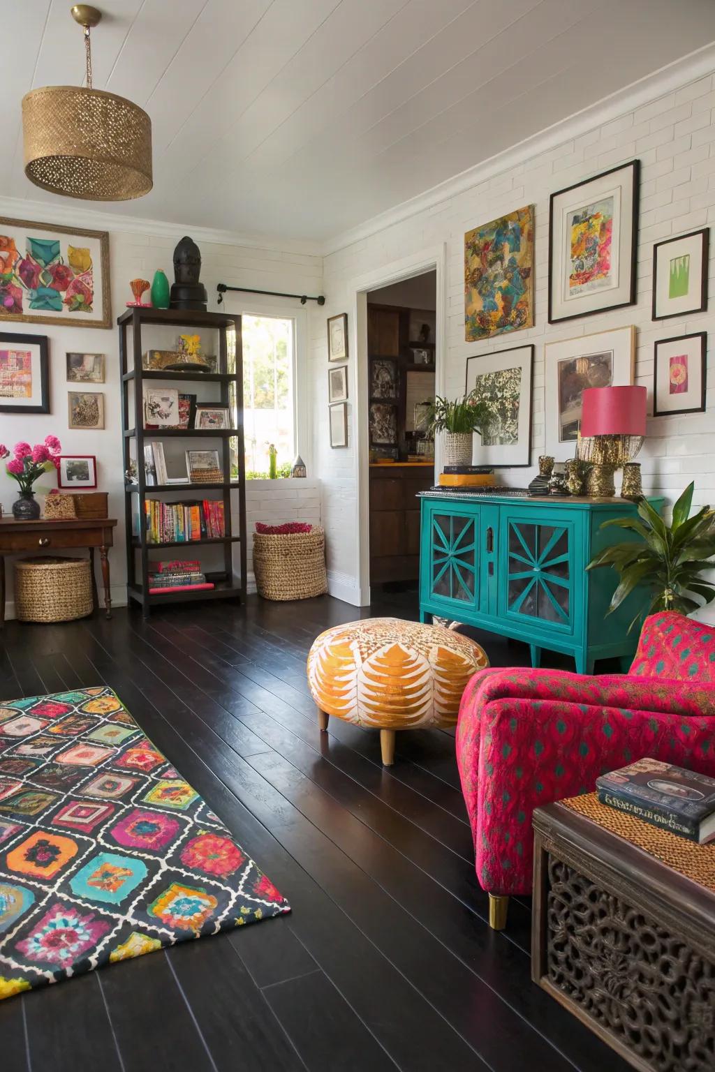 Eclectic design grounded by dark hardwood floors.