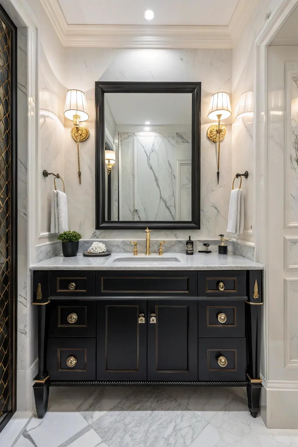 Marble details combined with a dark-toned vanity create an atmosphere of opulence.