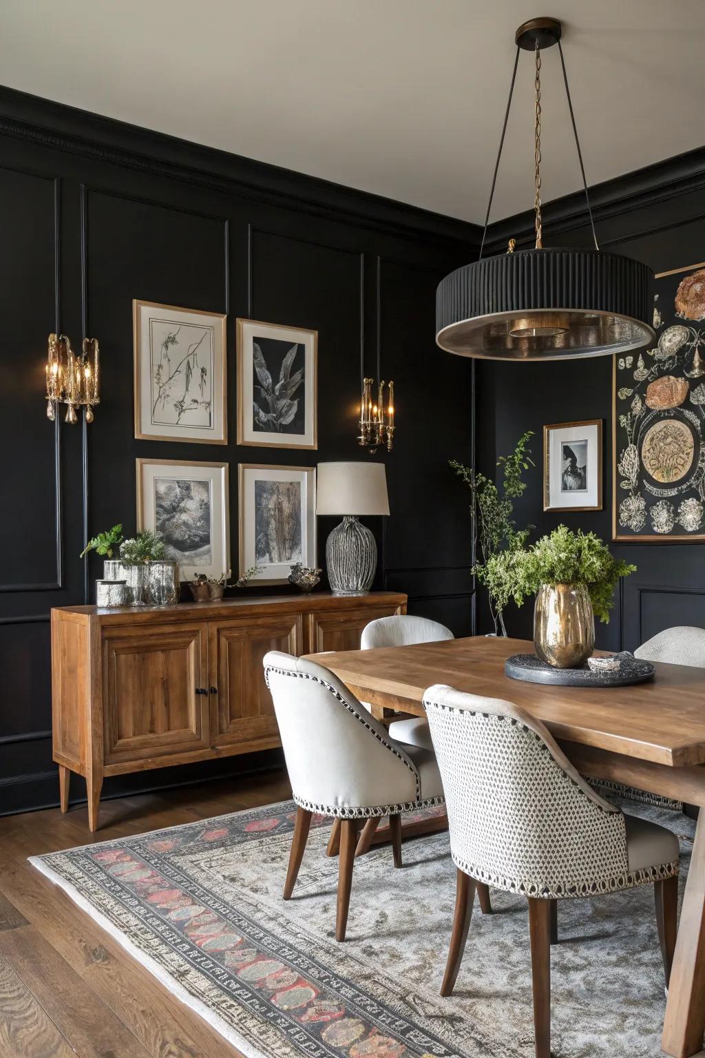 Eclectic sophistication featuring a dark wall.