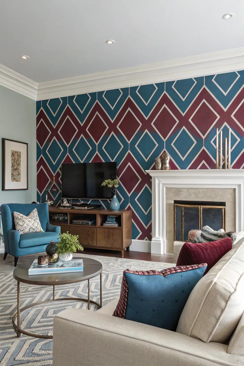 An emphasized partition within azure and crimson transforms into a striking centerpiece.