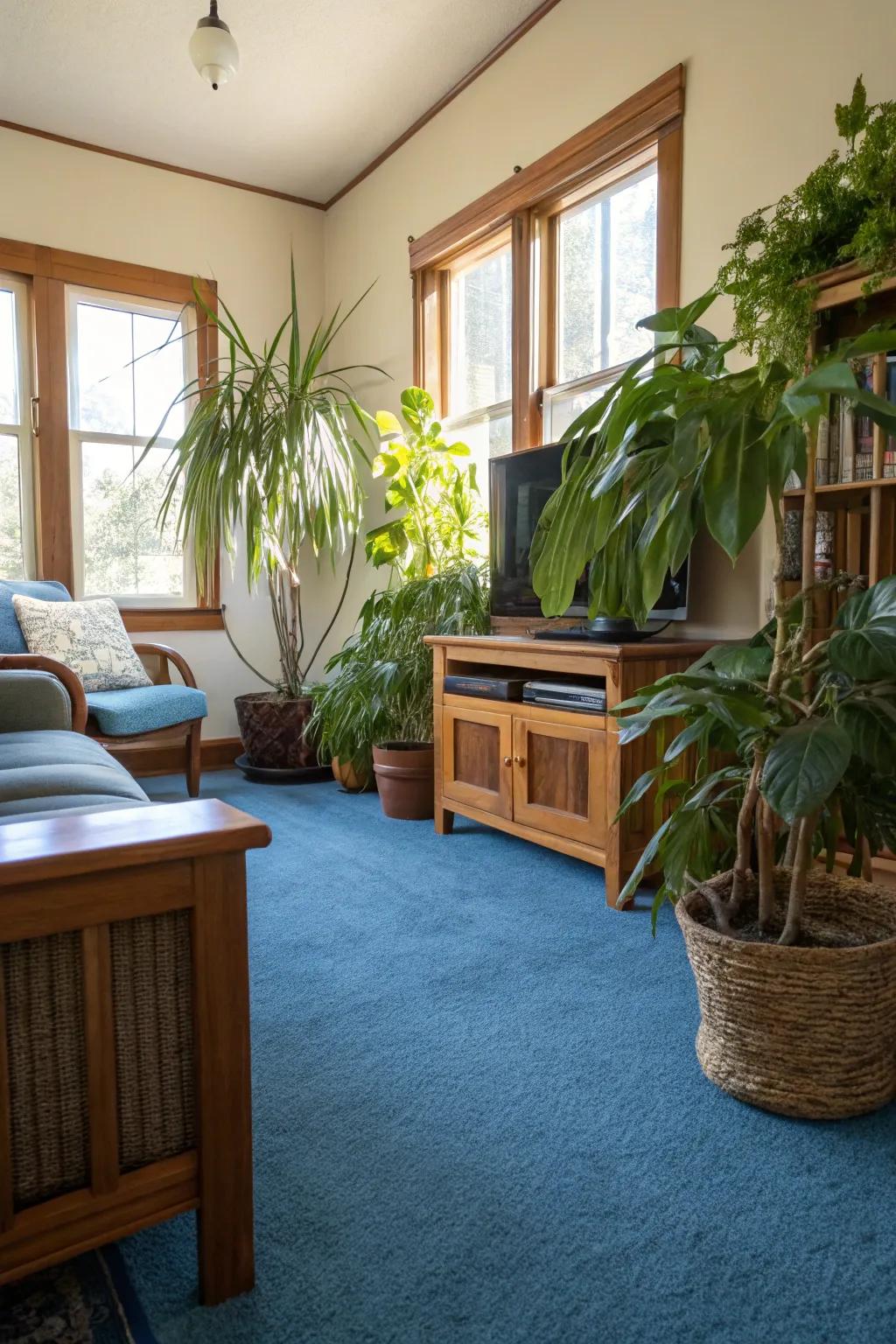 Indoor botanicals append vibrancy and juxtaposition to a lounge with blue carpet.