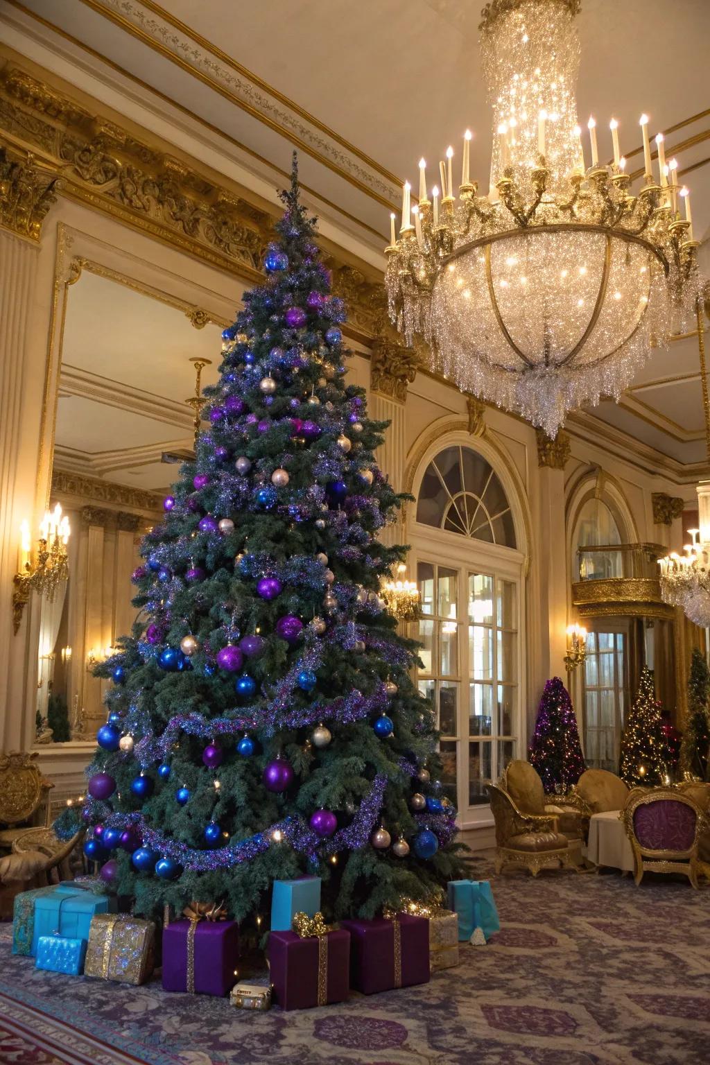 A royal and luxurious azure and violet Christmas tree.