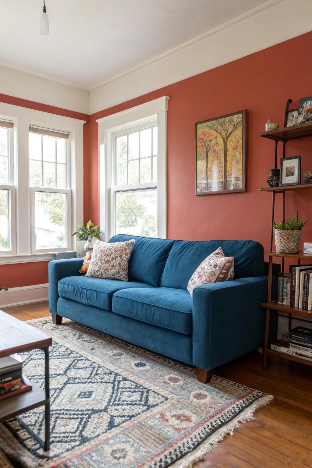A bold accent wall makes the sapphire sofa dramatically pop.