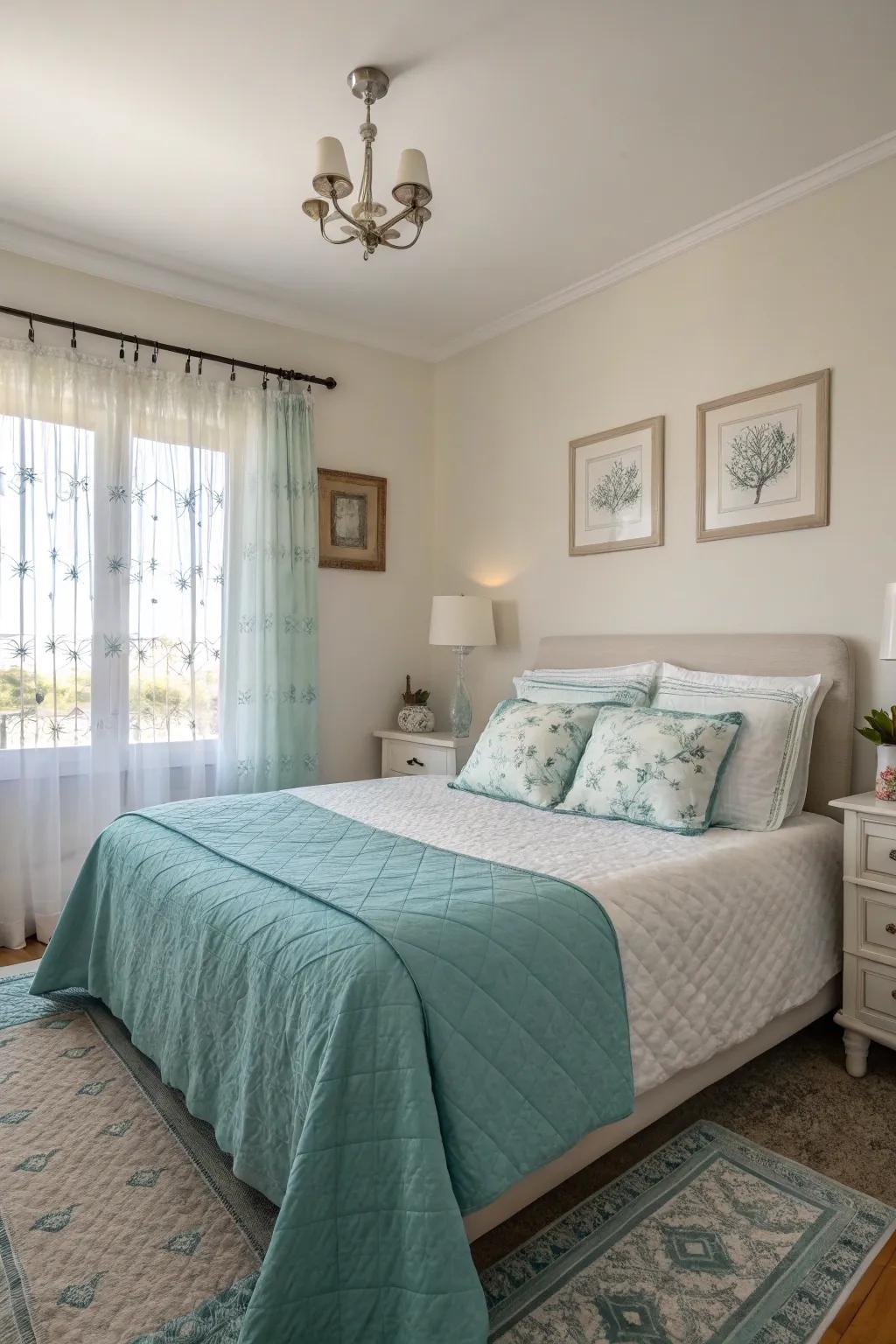 Azure-verdant tones create a tranquil bedroom.