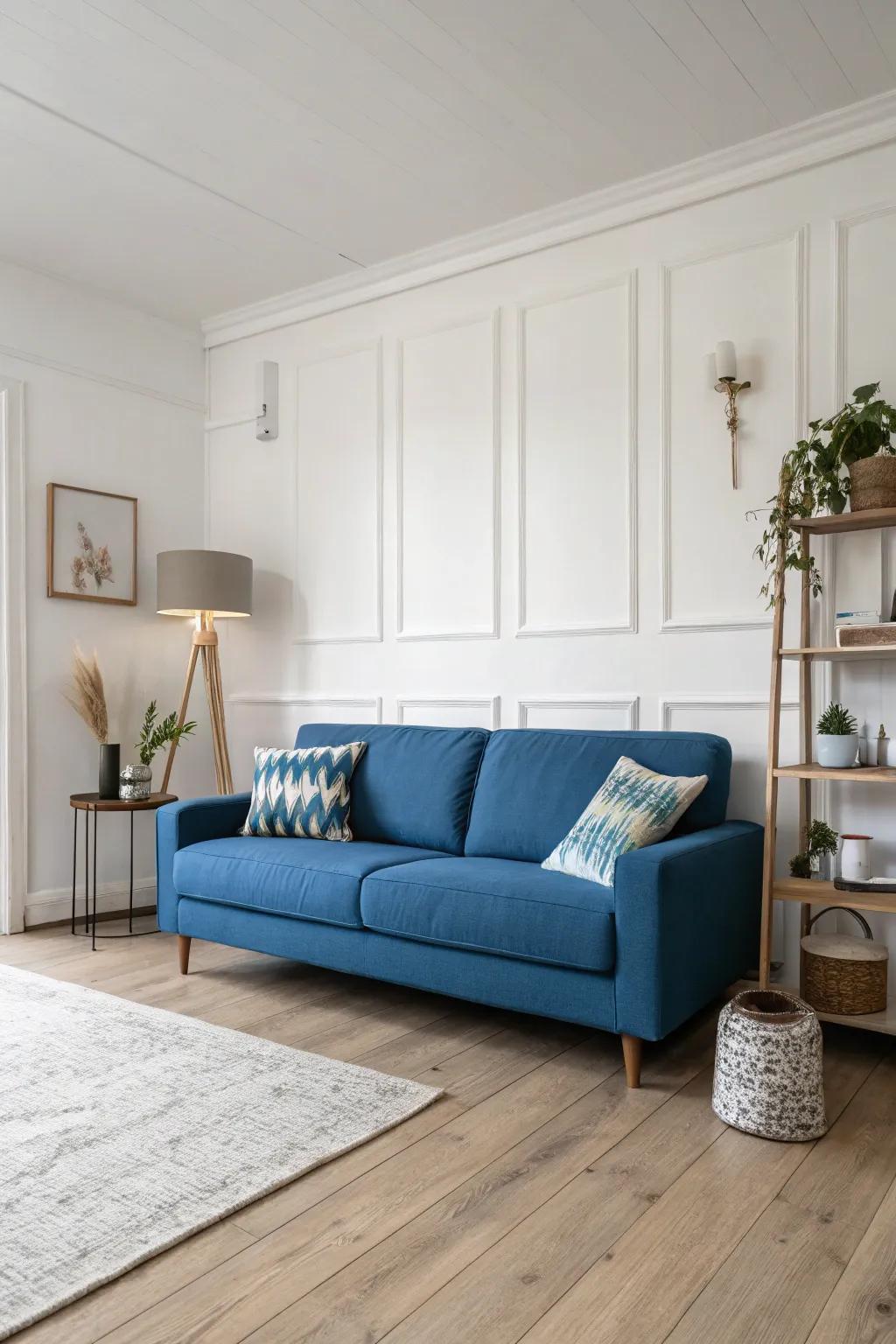 A minimalist approach highlights the sapphire loveseat.