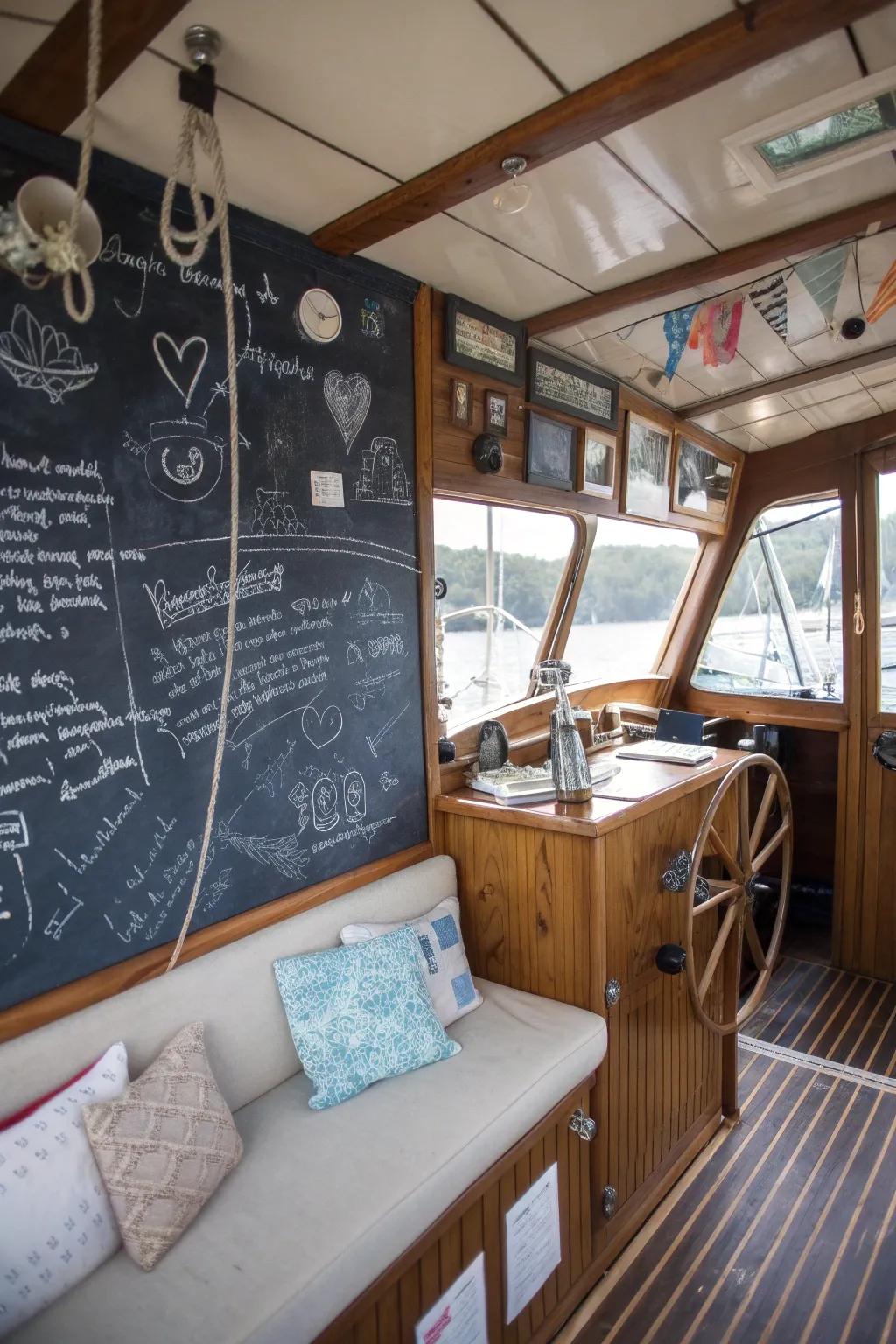 A chalkboard wall includes a lively and functional aspect.