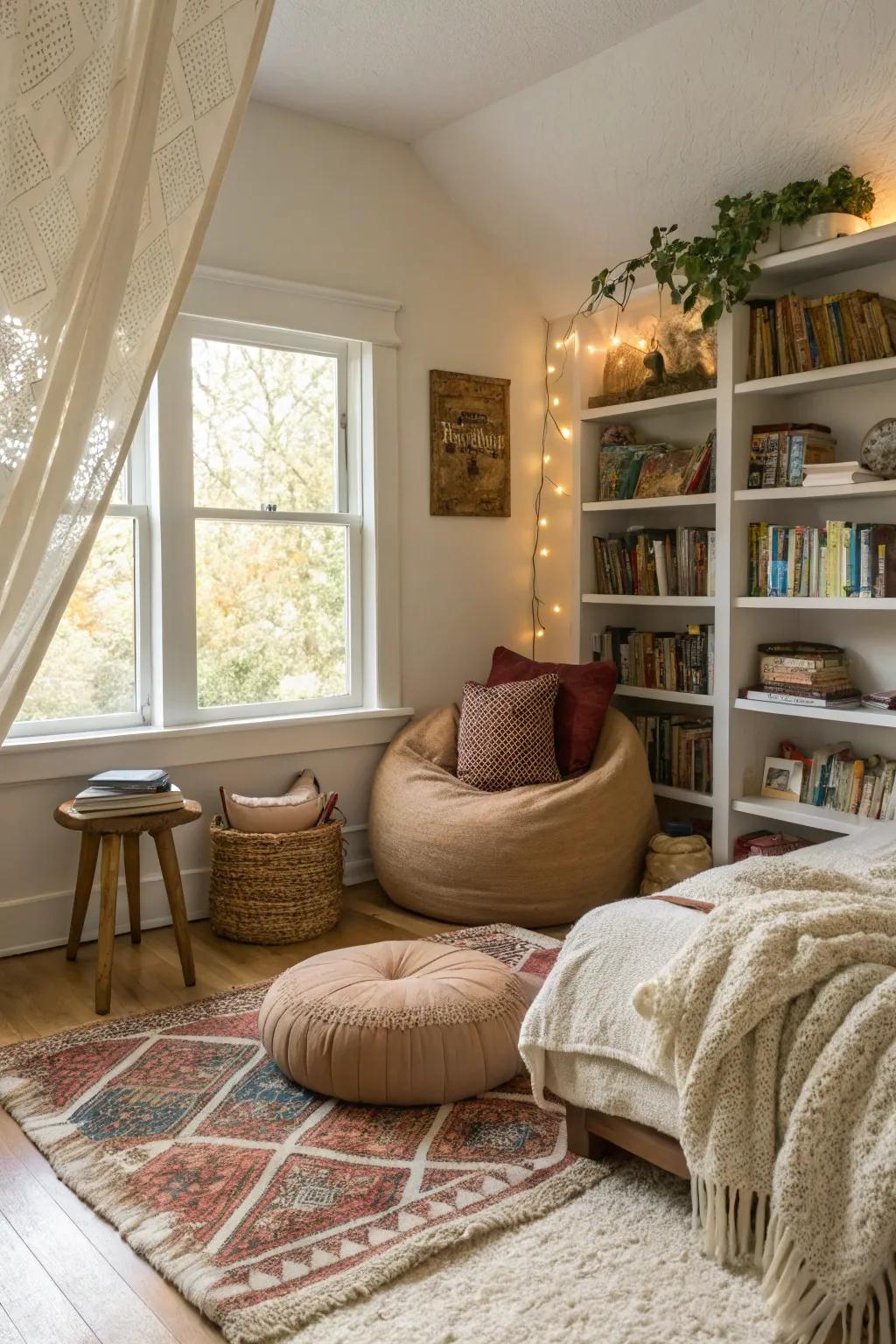 A comfortable reading space creates a beautiful experience in this boho bedroom.