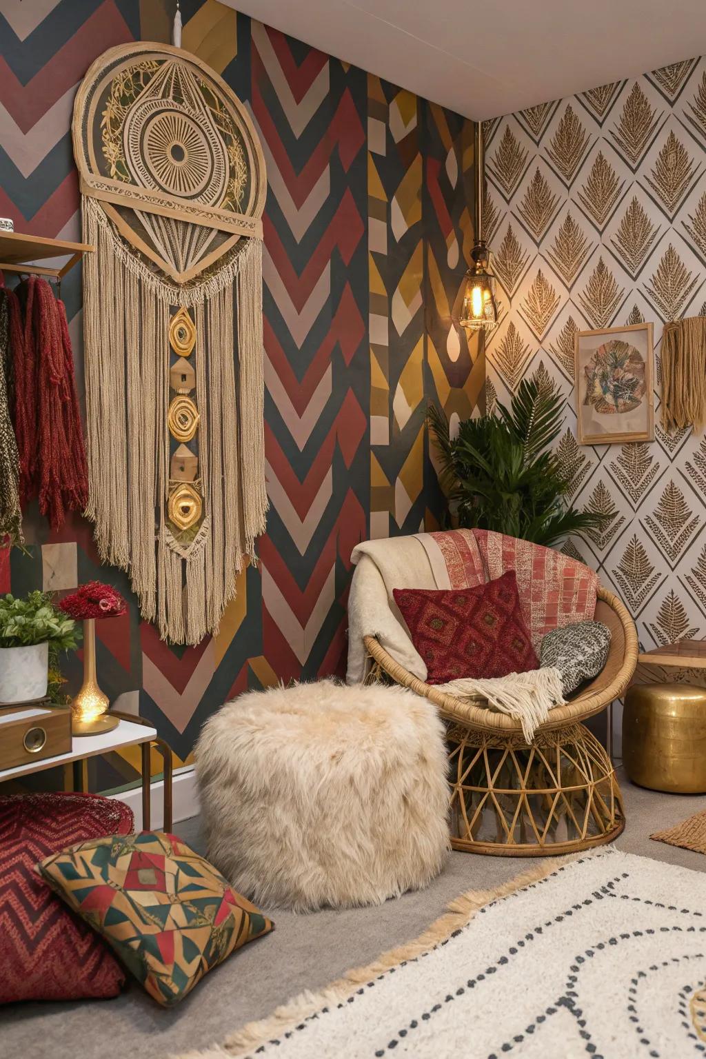 Bold wallpaper introduces drama and flair to the free-spirited glamorous decor.