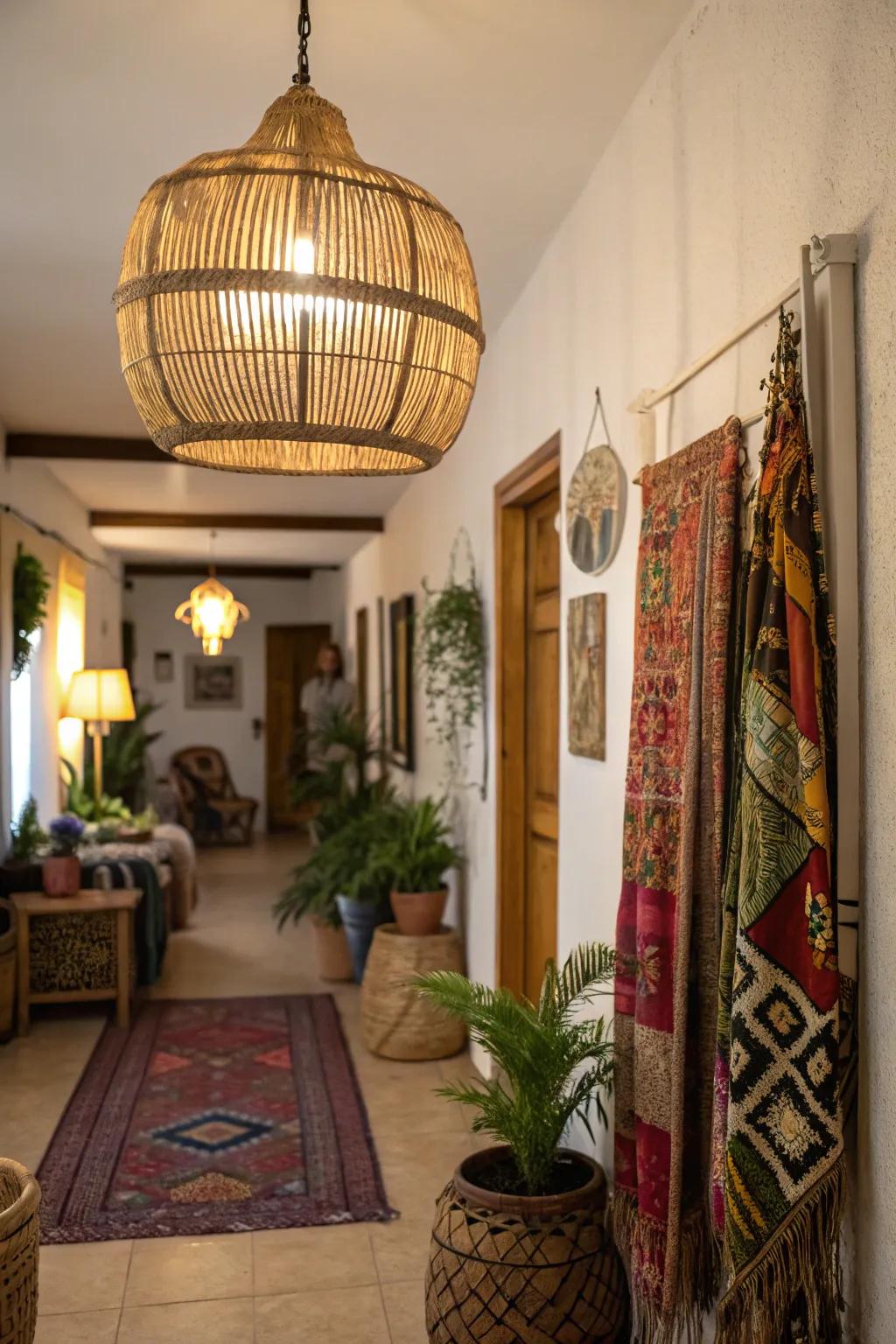 A woven basket light fixture adds intrigue to this boho hallway.