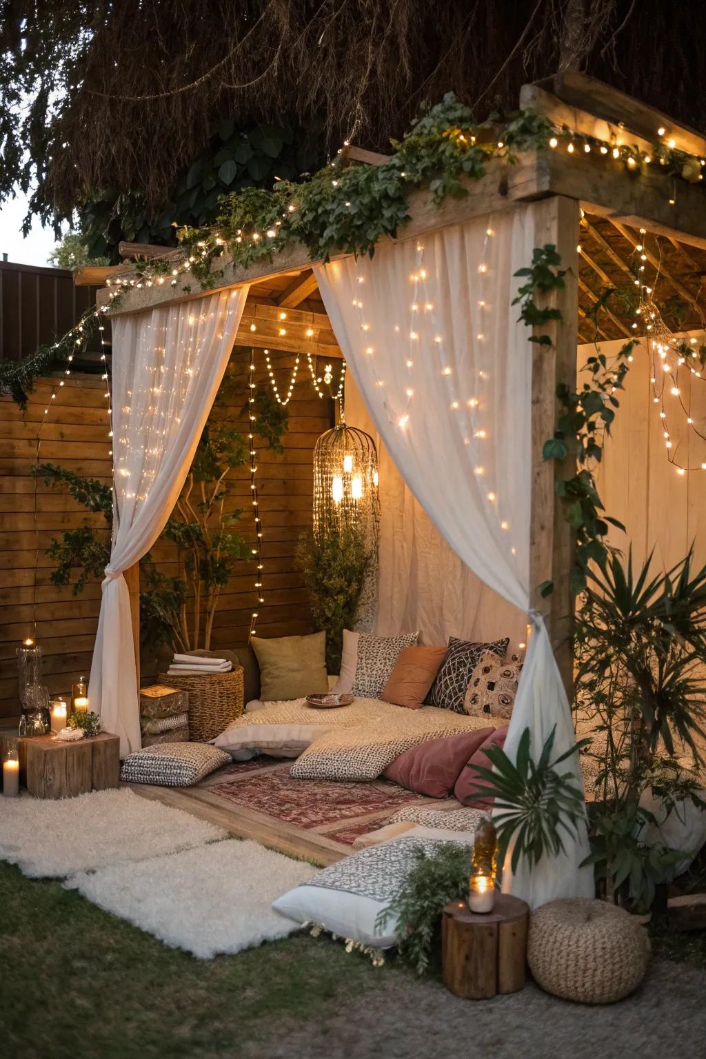 Whimsical petite lights crafting a magical ambiance in a bohemian corner.