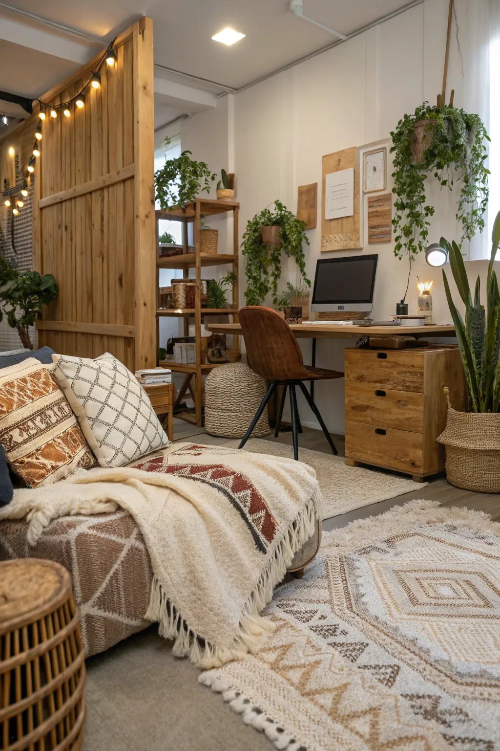 Textural layers with throws and cushions create a warm environment.