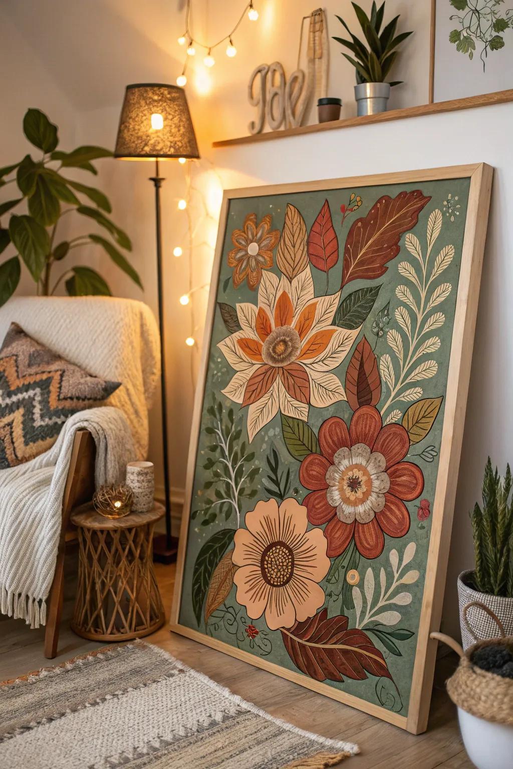 A boho painting bringing the vibrant beauty of flowers into your home.