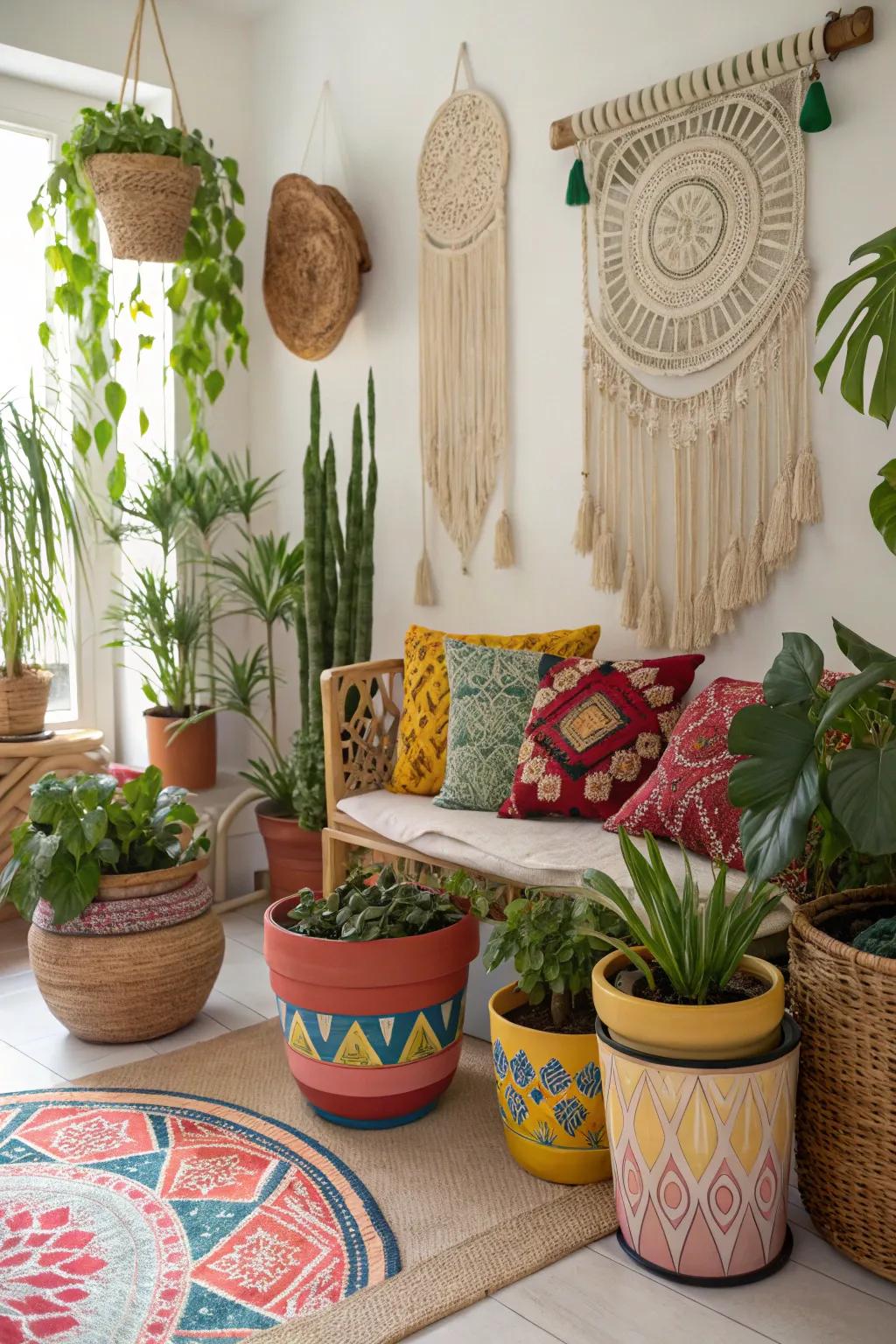 Unique soil holders add artistic character to the plant room.