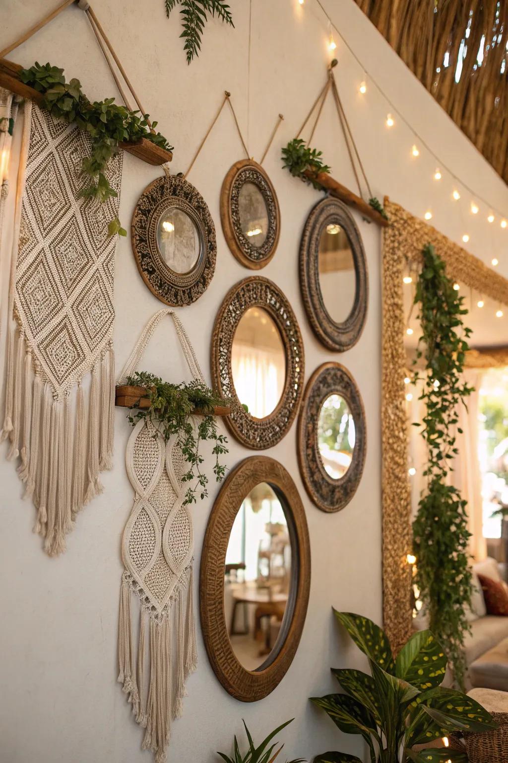 A boho wall featuring ornate mirrors that add light and depth.