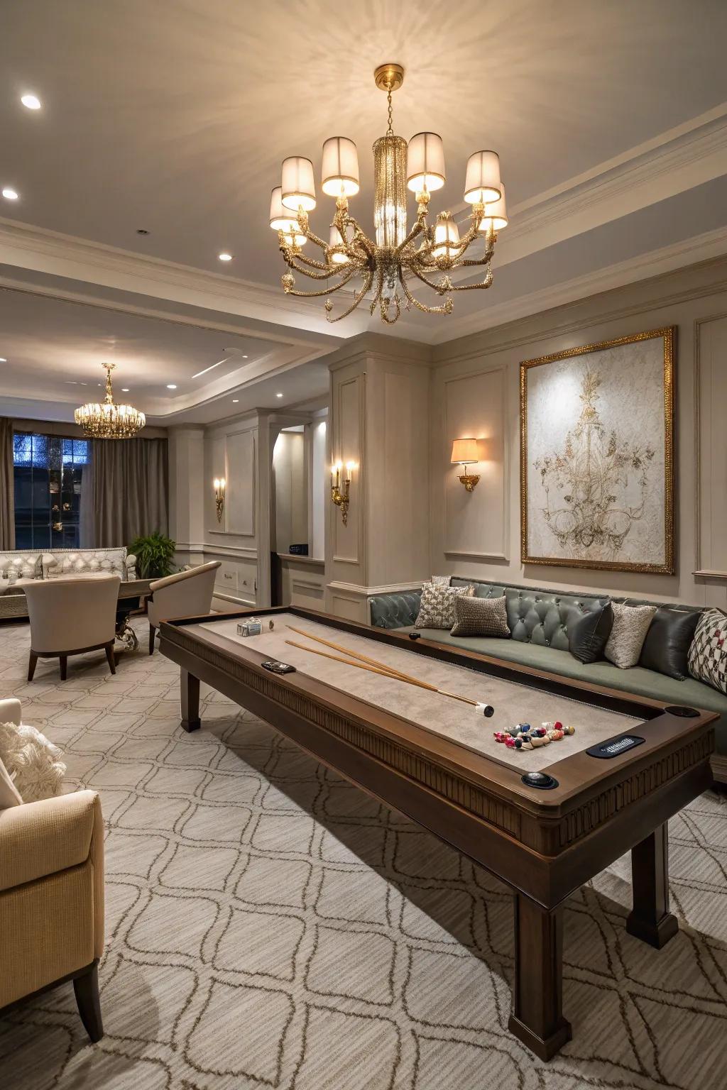 A shuffleboard table adds a touch of elegance and entertainment.