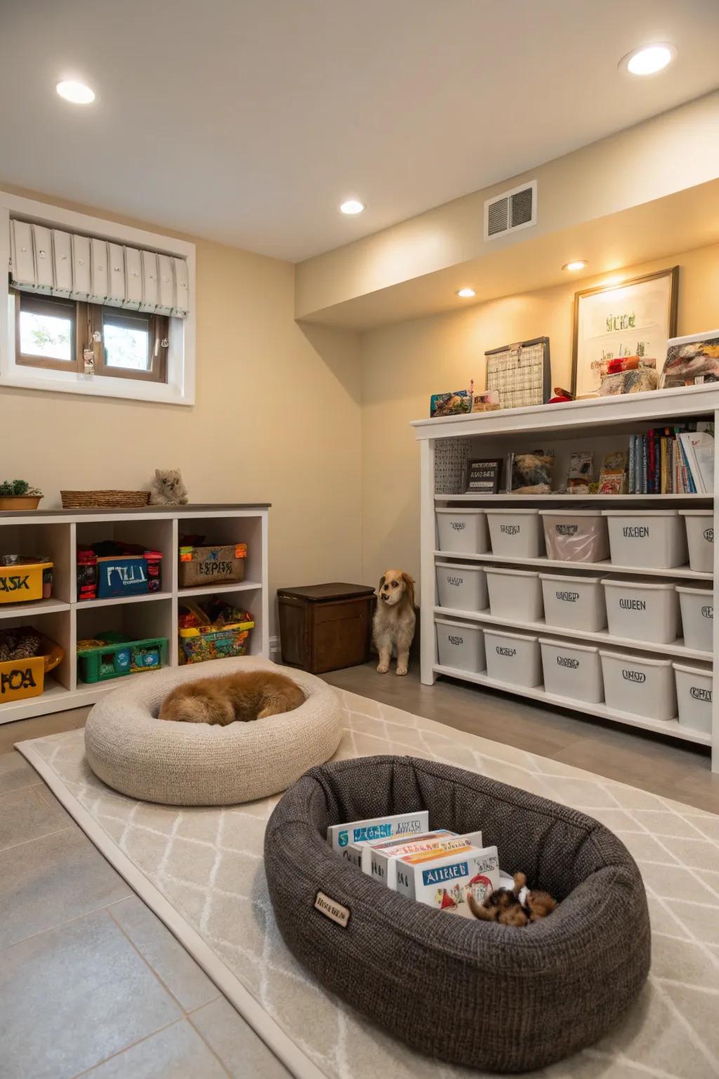 A space for pets provides comfort and organization for you and your furry friends.