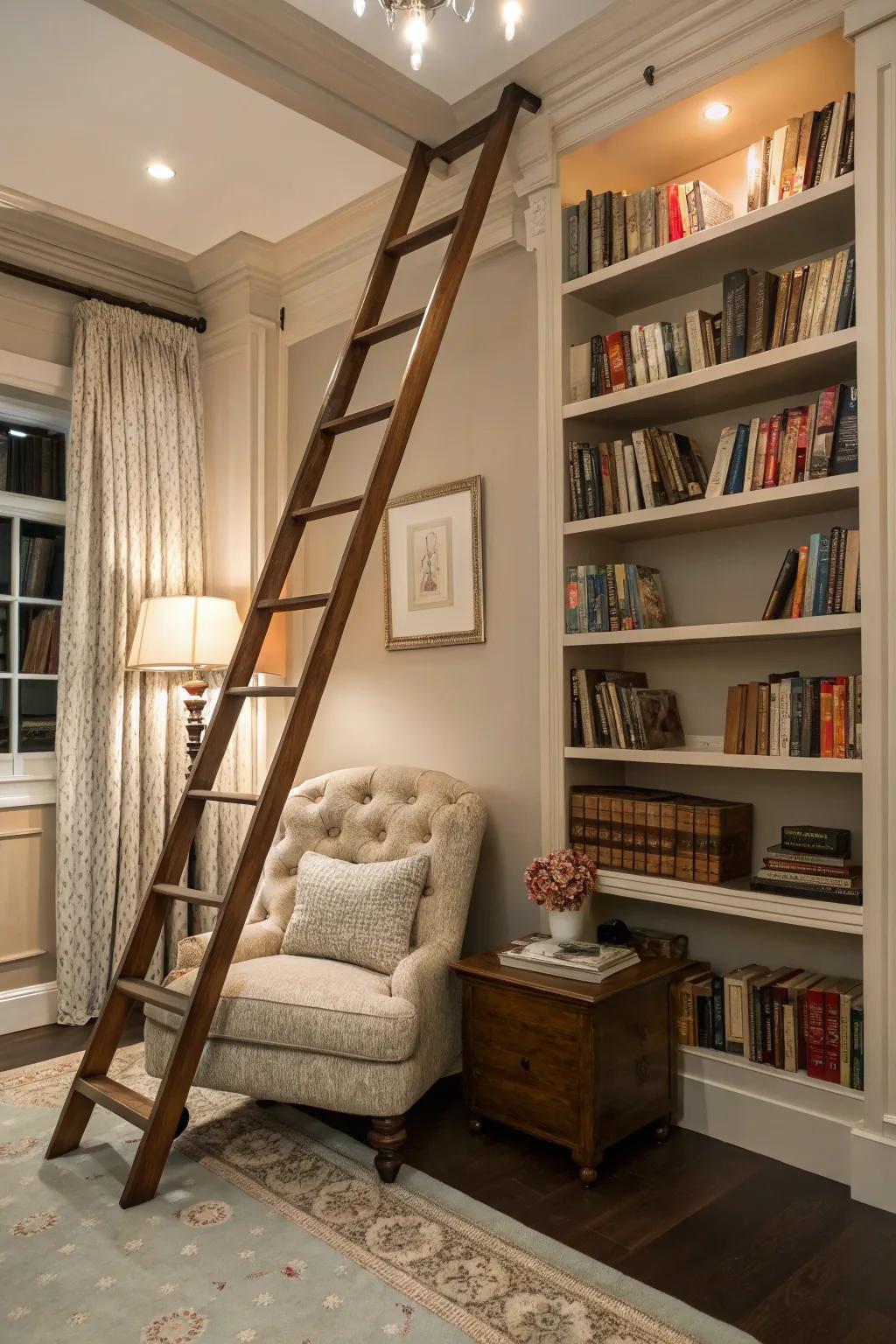 A book nook featuring a rolling ladder for an elegant and functional element.