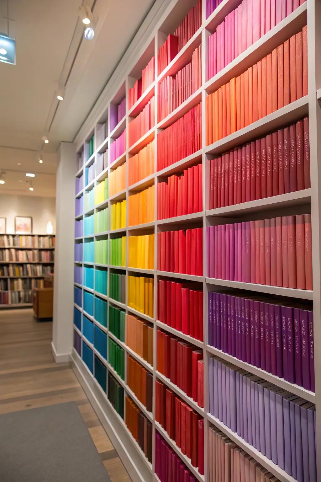 Books arranged by color create a vibrant display.