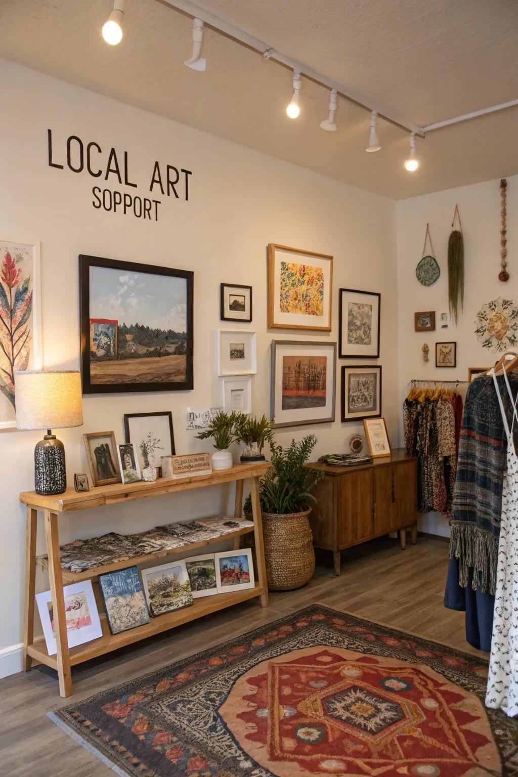 A boutique interior showcasing regional artwork, imbuing a unique identity and supporting the community.