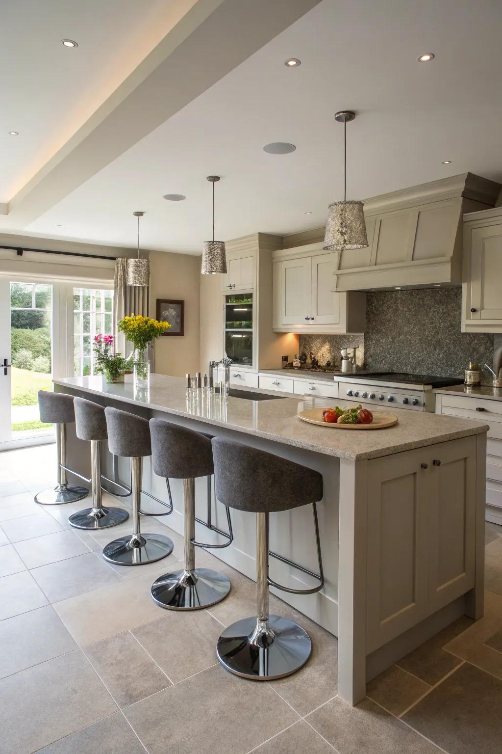 A long island smoothly incorporating a breakfast bar.
