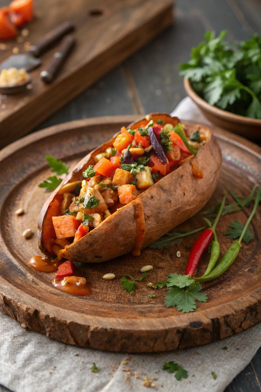 A yam laden with vibrant vegetables for breakfast.