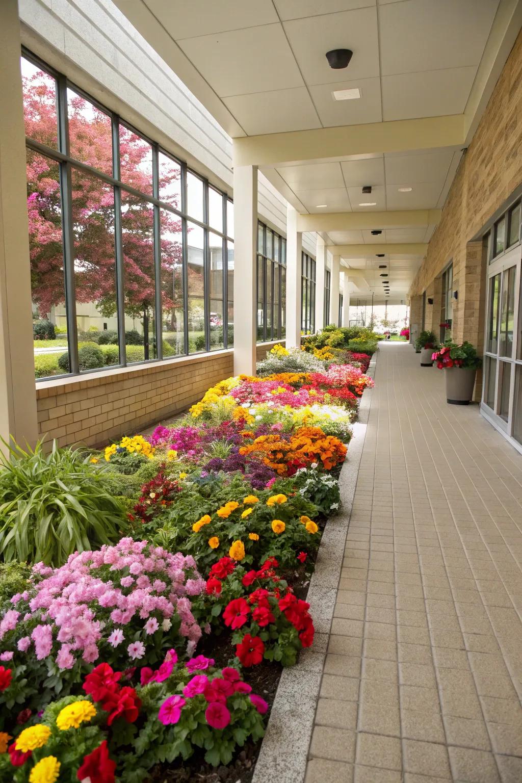 A seasonal blossom patch injecting vibrant color into the breezeway.