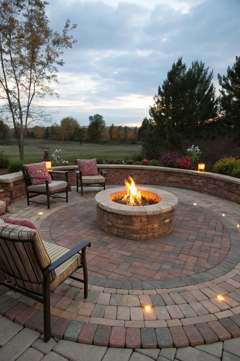 A circular brick area around a fire pit welcomes warmth and social get-togethers.