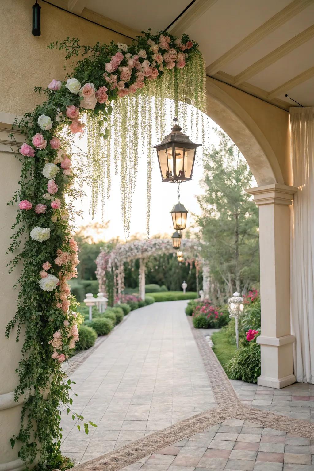 Stunning dangling blossom assemblies fashion a breathtaking doorway for the bridal shower.