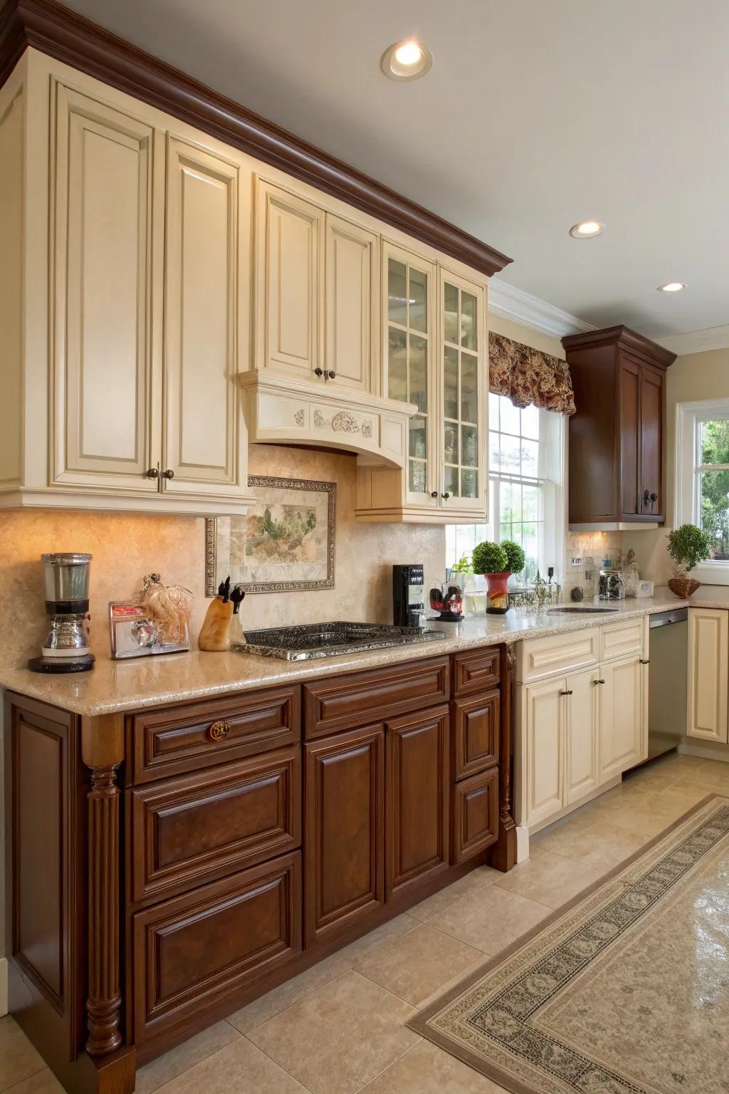 Bi-toned cabinetry appends visual intrigue and magnitude.
