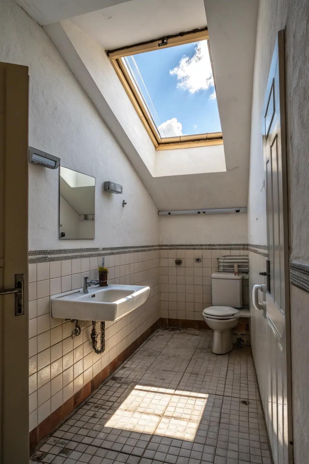 Natural light from a skylight brightens up this small bathroom.