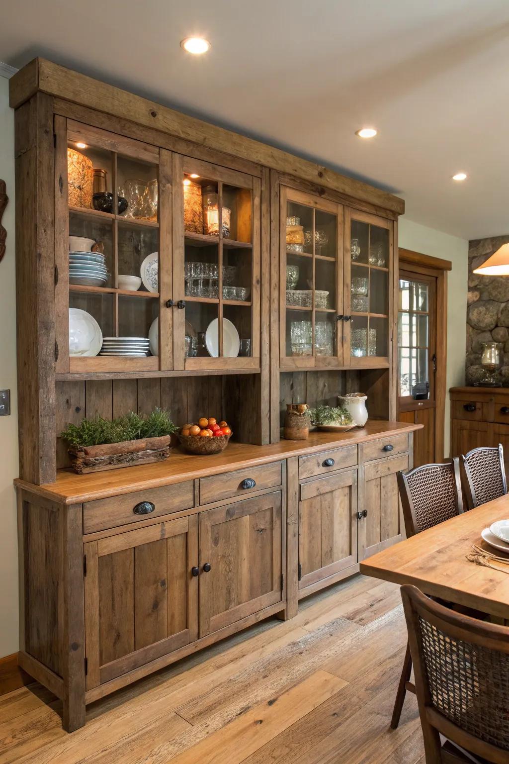 Natural and sustainable repurposed wood used in built-in cabinets.