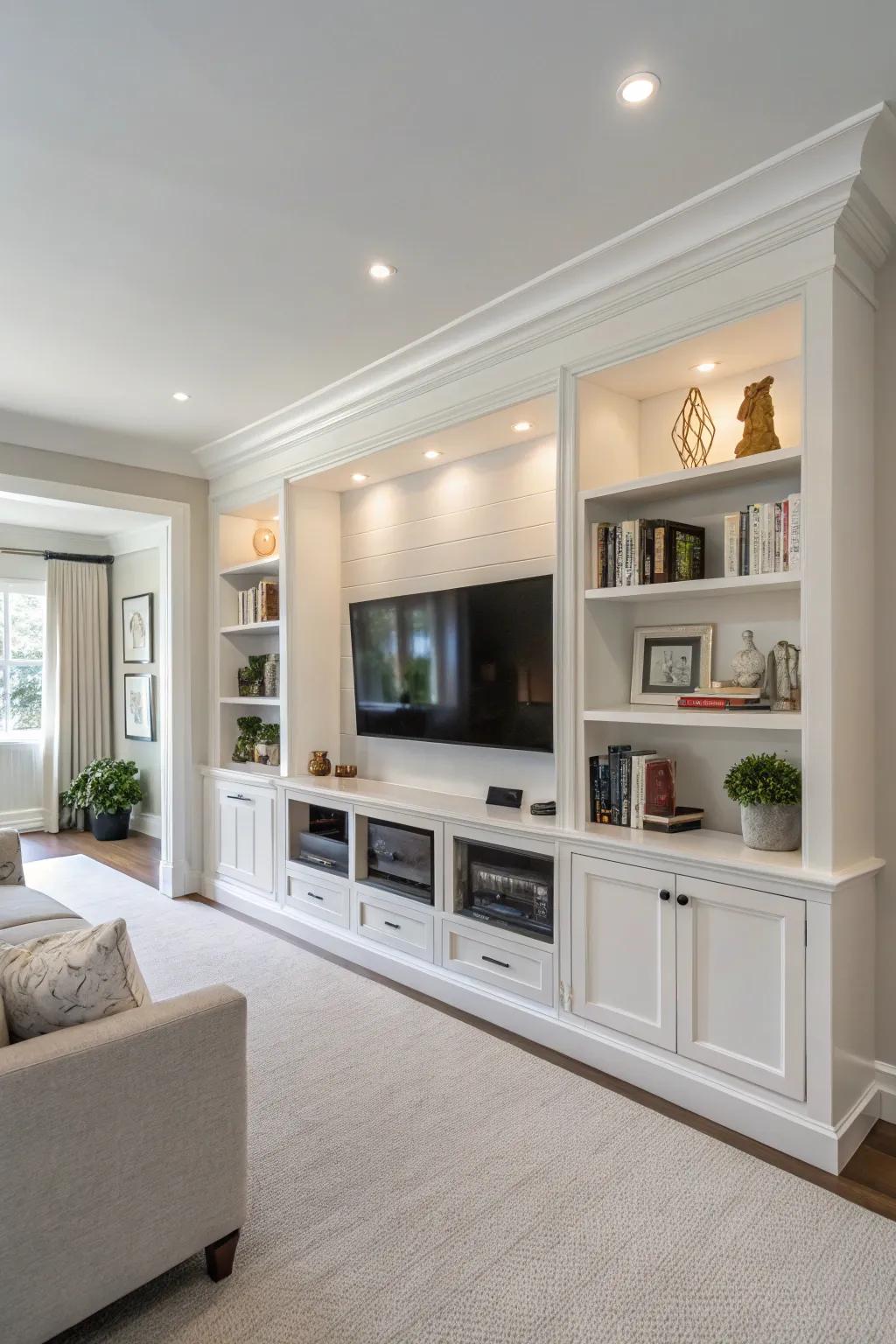 Built-in shelving featuring concealed TV stowing generates a de-cluttered visual.