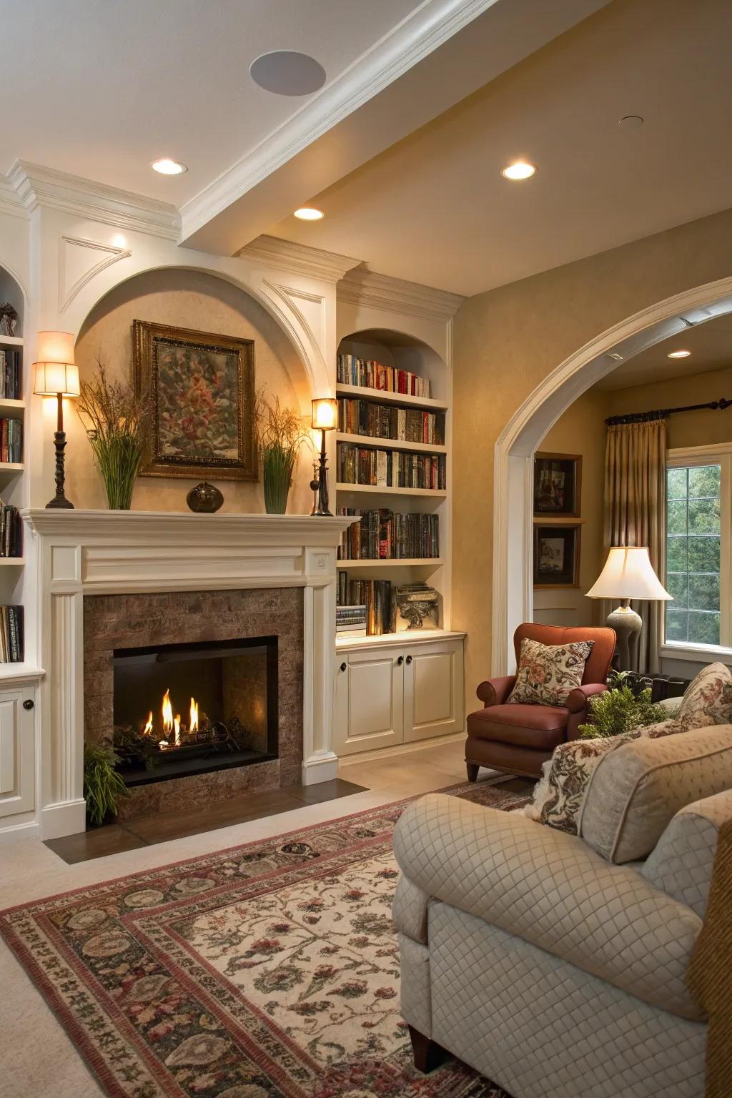 Curved designs infuse elegance and softness into the fireplace's built-in elements.