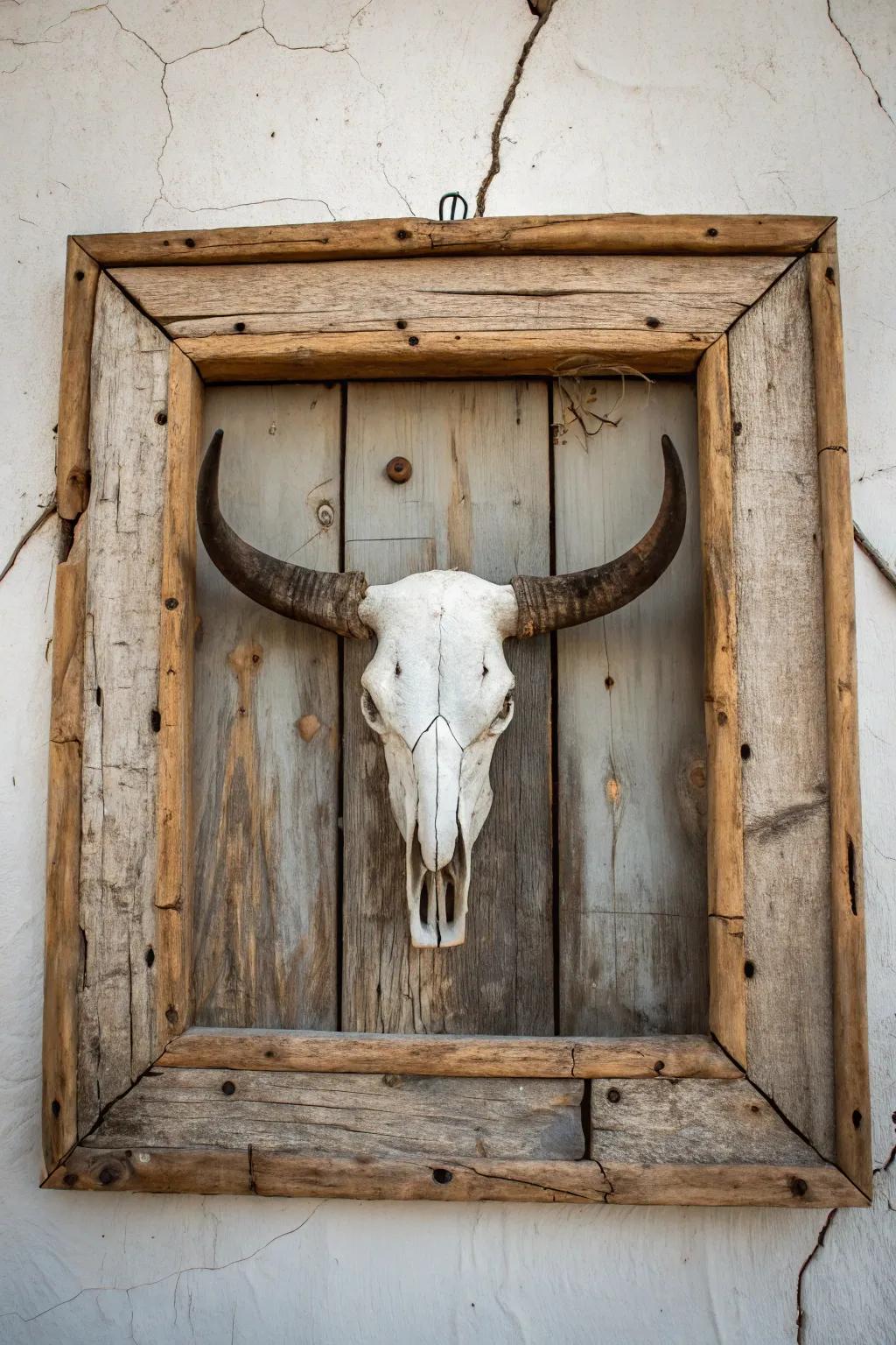 Rustic charm with a framed bull skull.