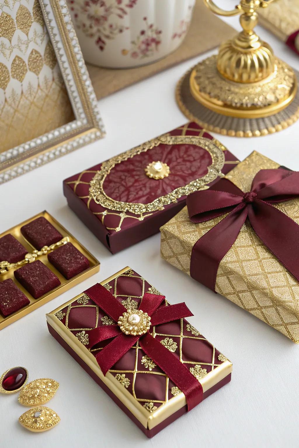 Unique party gifts in claret and gold offer a memorable takeaway.
