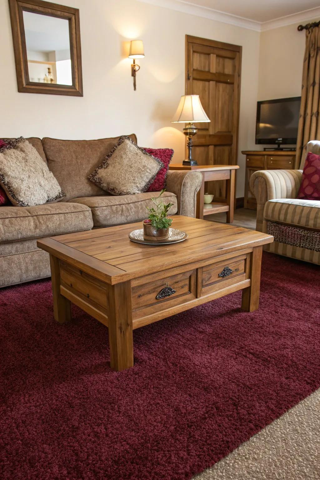 Timber features incorporate warmth and complement a deep red floor covering.
