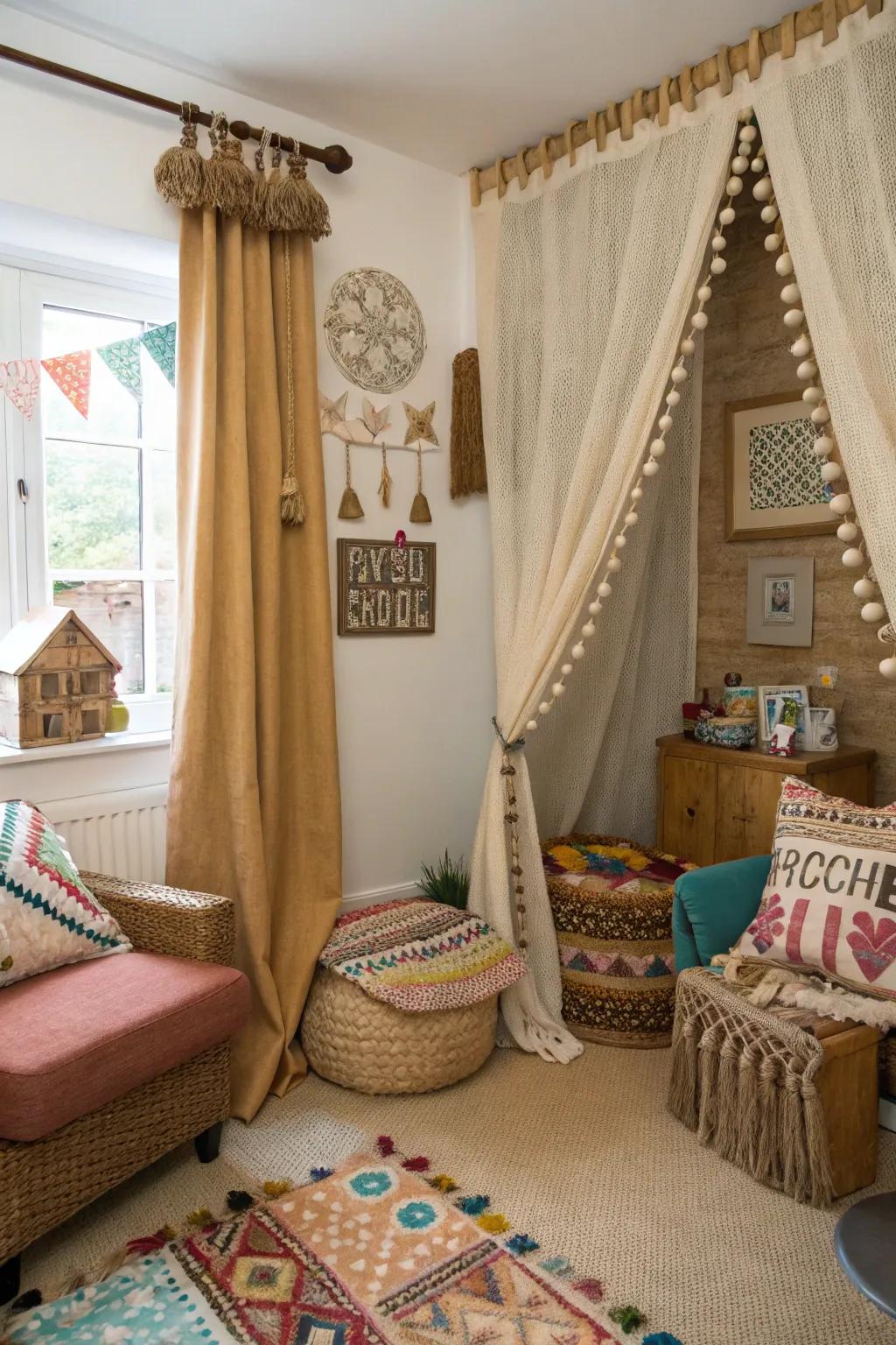Bohemian panache through fringe-trimmed material window coverings.