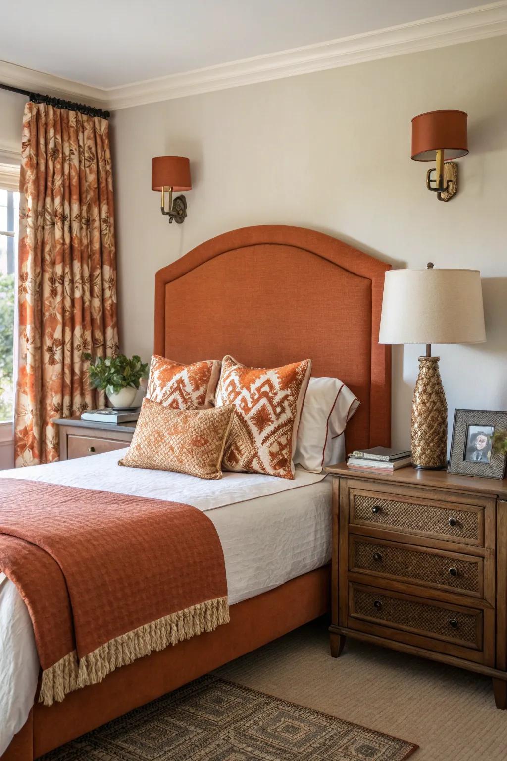 A reddish-brown bed frame creates a striking focal point.