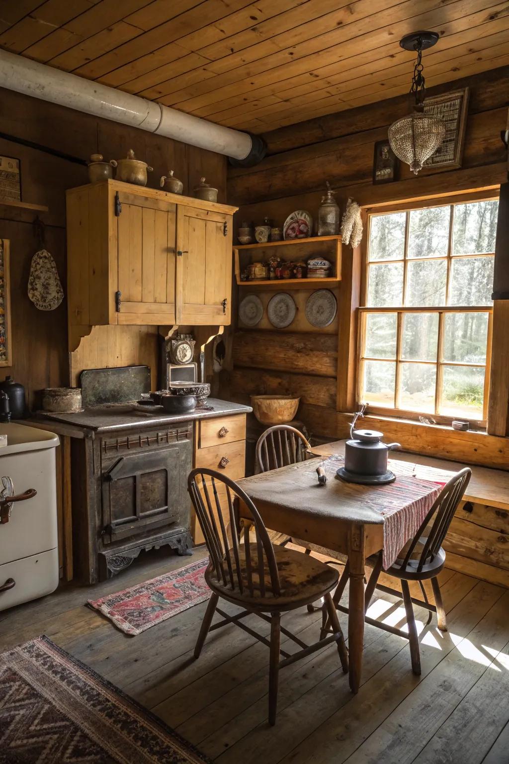 Antique pieces introduce a sensation of history to a cabin cooking space.
