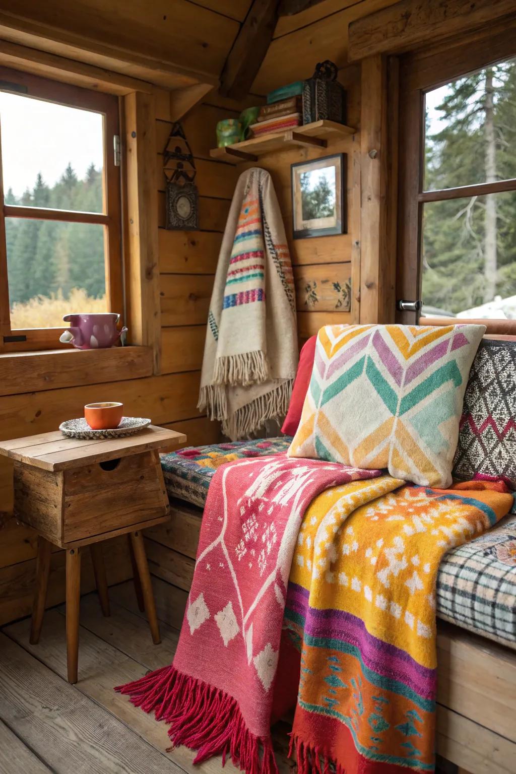 Bright fabrics add a splash of color and comfort.