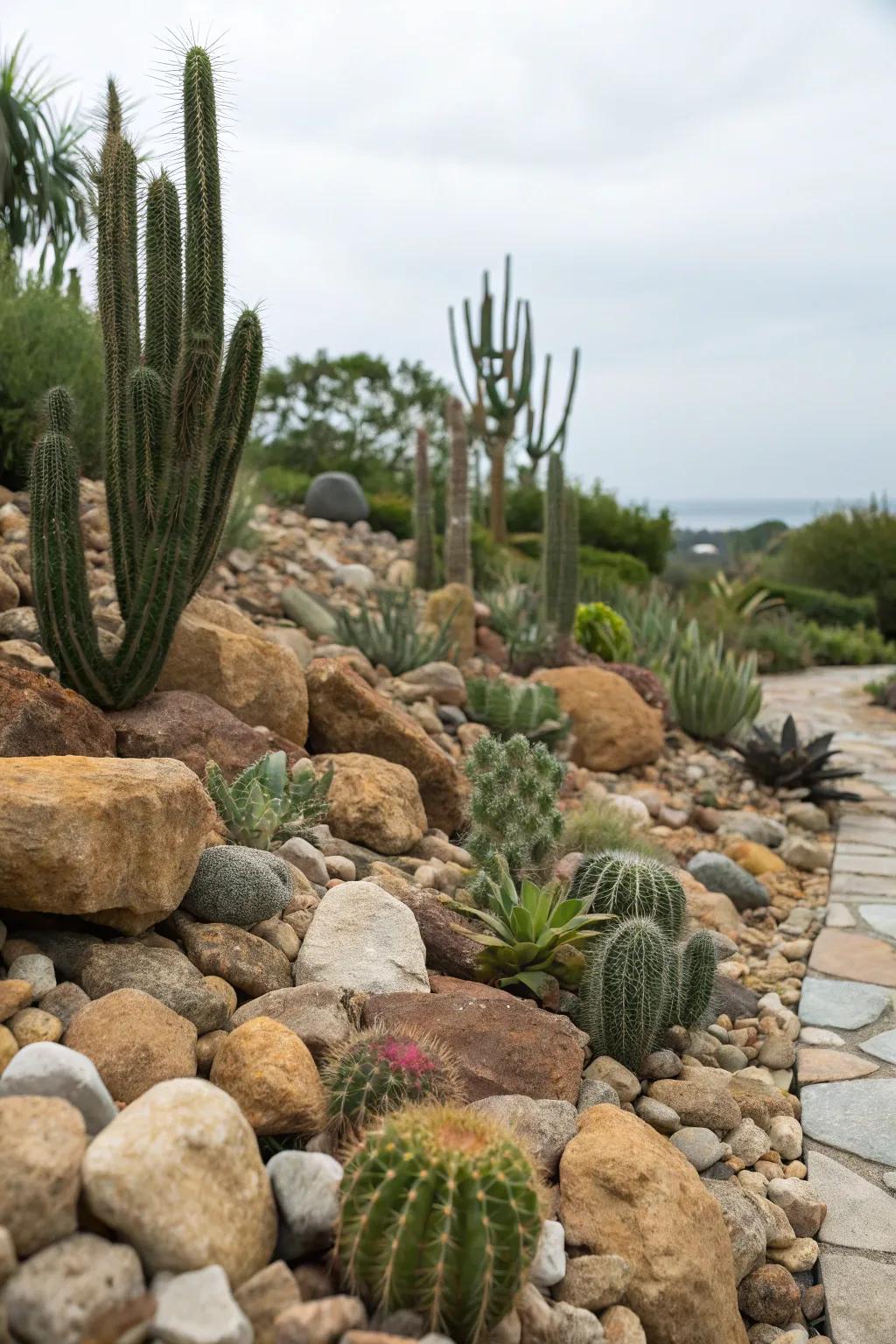 Cacti adding texture and life to a rock garden.