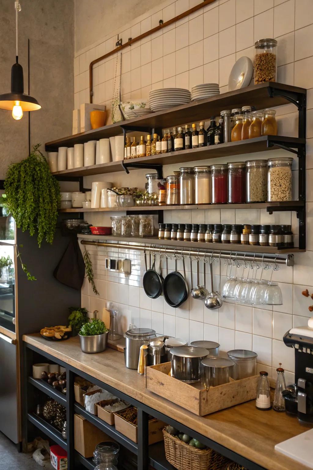 Exploiting skyward space inside a cafe kitchen ensuring optimum output.