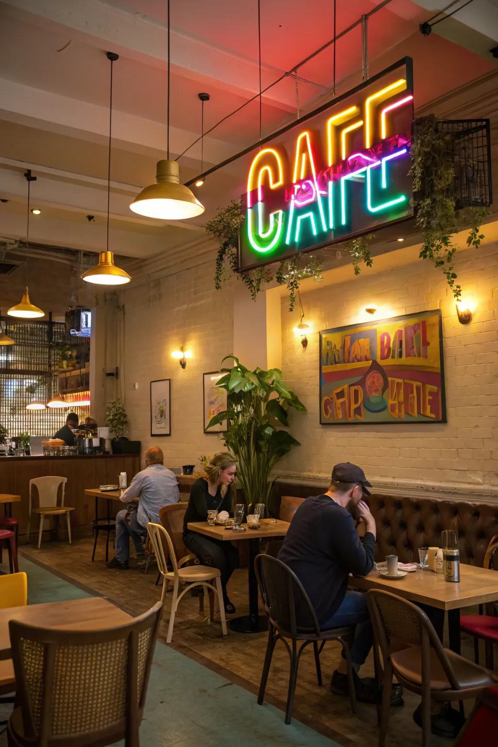 A cafe design showcasing a vibrant neon sign that provides character and charm.