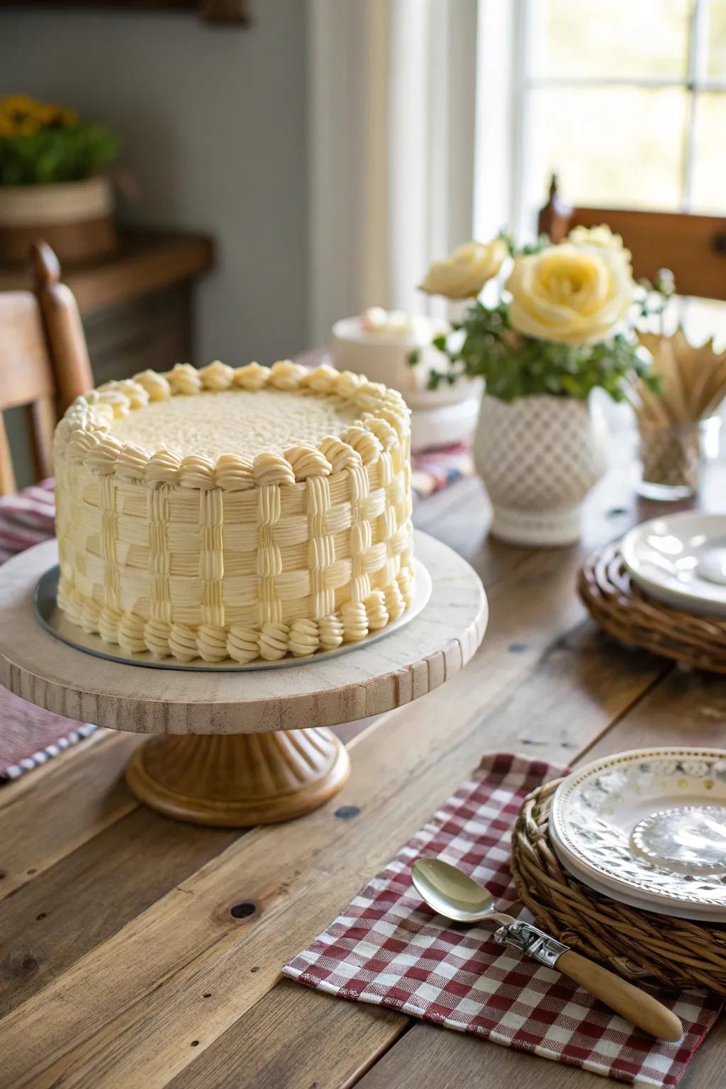 Quaint buttercream plait embellishing a rustic cake